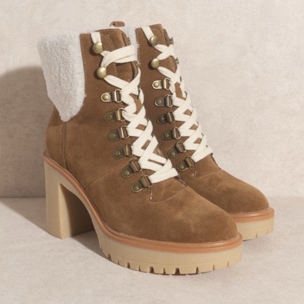NWT Oasis Society Madilyn Camel Lace Up Chunky Heeled Boots Vegan Suede - Picture 3 of 8